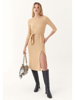 OXXO - Beige Solid Midi Dress With Belt