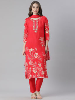 NEERU'S - Red Printed Straight Kurta with Pant & Dupatta (Set of 3)