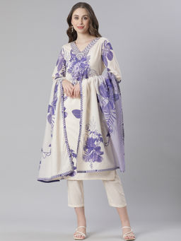 NEERU'S - Cream Printed Straight Kurta with Pant & Dupatta (Set of 3)