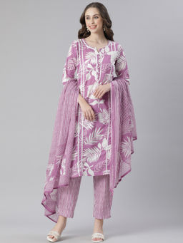 NEERU'S - Lavender Printed Straight Kurta with Pant & Dupatta (Set of 3)