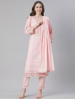 NEERU'S - Pink Embroidered Straight Kurta with Pant & Dupatta (Set of 3)