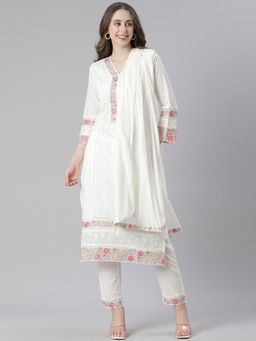 NEERU'S - White Embroidered Straight Kurta with Pant & Dupatta (Set of 3)