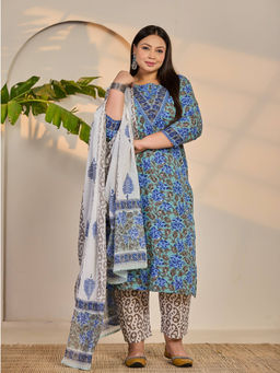 Yufta - Rama Green and Blue Floral Sequins Work Straight Kurta with Pant & Dupatta (Set of 3)