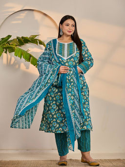 Yufta - Turquoise Blue Cotton Straight Plus Size Kurta with Pant & Dupatta (Set of 2)