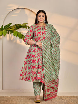 Yufta - Sea Green Cotton A-Line Plus Size Kurta with Pant & Dupatta (Set of 3)