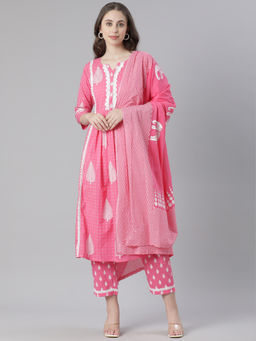 NEERU'S - Pink Printed Straight Kurta with Pant & Dupatta (Set of 3)