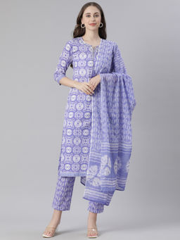 NEERU'S - Lavender Printed Straight Kurta with Pant & Dupatta (Set of 3)