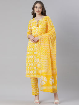 NEERU'S - Mustard Printed Straight Kurta with Pant & Dupatta (Set of 3)