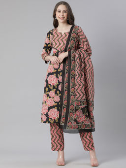 NEERU'S - Black Printed Straight Kurta with Pant & Dupatta (Set of 3)