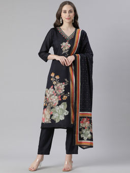 NEERU'S - Black Printed Straight Kurta with Pant & Dupatta (Set of 3)