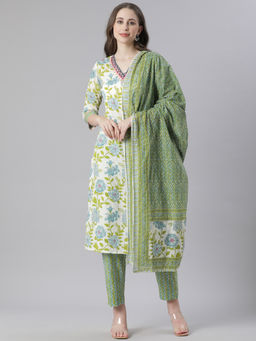 NEERU'S - Green Printed Straight Kurta with Pant & Dupatta (Set of 3)