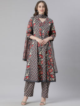 NEERU'S - Grey Printed Anarkali Kurta with Pant & Dupatta (Set of 3)