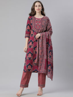 NEERU'S - Purple Printed Straight Kurta with Pant & Dupatta (Set of 3)