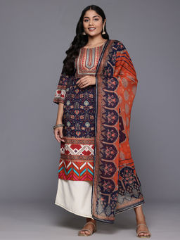 A plus by Ahalyaa - Navy Blue Women Floral Gotta Patti Kurta With Palazzo & Dupatta (Set of 3)