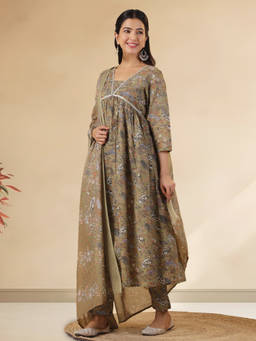 CUSTARD - Olive Cotton Blend Kurta & Pant With Lace Detailing Dupatta (Set of 3)