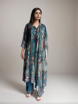 CUSTARD - Blue Printed Cotton Kurta & Pant With Dupatta For Women (Set of 3)