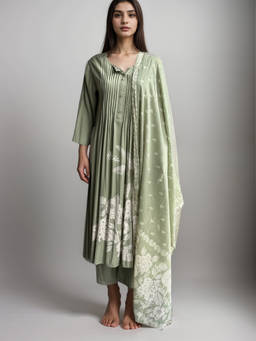 CUSTARD - Green Printed Cotton Kurta & Pant With Dupatta For Women (Set of 3)