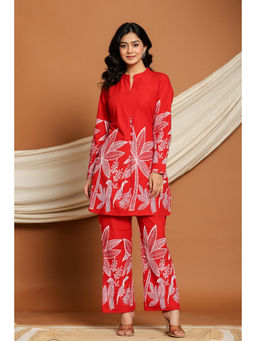 CUSTARD - Red Cotton Floral Printed Co-Ord For Women (Set of 2)