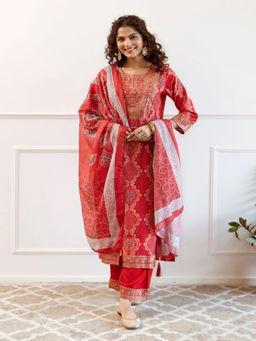 BLACK SCISSOR - Women Red Embroidered Kurta With Pant & Dupatta (Set of 3)