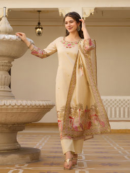 BLACK SCISSOR - Women Beige Embroidered Straight Kurta With Pant & Dupatta (Set of 3)