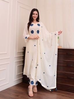 BLACK SCISSOR - Women Off White Embroidered Rayon Straight Kurta With Pant & Dupatta (Set of 3)