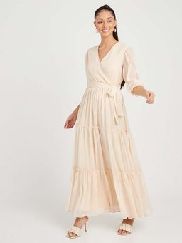 Styli - Cream 3/4 Sleeves V Neck Tiered Maxi Dress With Waist Tie Up