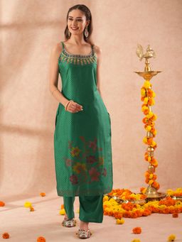FASHOR - Women Printed Silk Blend Straight Fit Green Kurta with Palazzo (Set of 2)