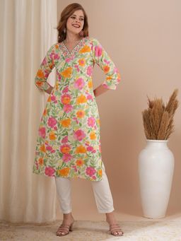 FASHOR - Women Floral Printed Cotton Straight Fit White Kurta with Pant (Set of 2)