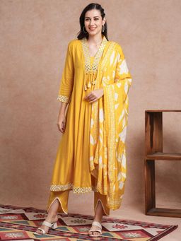 FASHOR - Women Solid Shantoon A-Line Yellow Kurta with Pant and Dupatta (Set of 3)