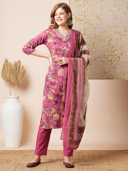 FASHOR - Women Floral Printed Cotton Straight Fit Pink Kurta with Pant and Dupatta (Set of 3)