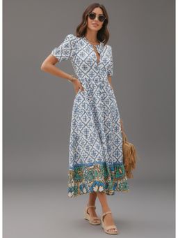 Twenty Dresses by Nykaa Fashion - Blue Blended Puff Sleeves Round Neck Printed Midi Dress