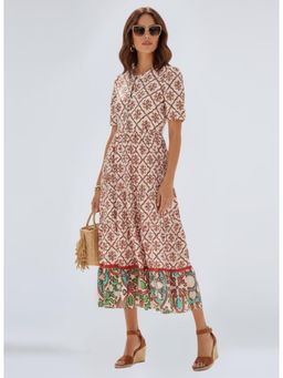 Twenty Dresses by Nykaa Fashion - Rust Blended Puff Sleeves Round Neck Printed Midi Dress