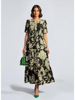 Twenty Dresses by Nykaa Fashion - Black Poly Cotton Short Sleeves Round Neck Floral Midi Dress