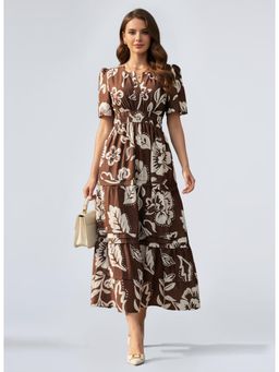 Twenty Dresses by Nykaa Fashion - Brown Poly Cotton Short Sleeves Round Neck Floral Midi Dress