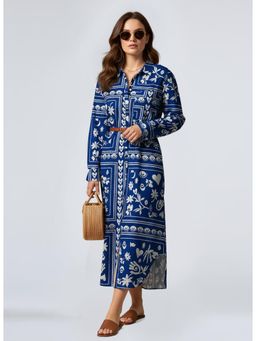 Twenty Dresses by Nykaa Fashion - Blue Poly Cotton Shirt Collar Floral Midi Dress