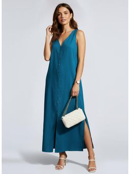 Twenty Dresses by Nykaa Fashion - Teal Viscose Rayon Sleeveless V-Neck Solid Maxi Dress