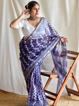 Sundarii - Mridang Neela Dabu Kota Doria Printed Saree and Unstitched Blouse