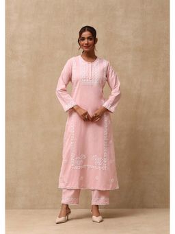 House of Chikankari - Women's Pink Cotton Linen Blend Chikankari Kurta and Pant (Set of 2)