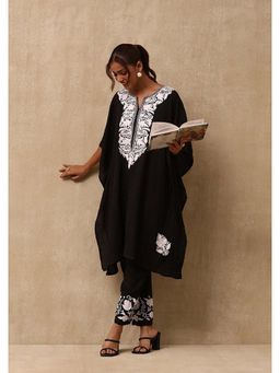 House of Chikankari - Women's Black Embroidered Kaftan & Pant (Set of 2)