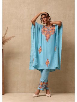 House of Chikankari - Women's Sky Blue Embroidered Kaftan & Pant (Set of 2)