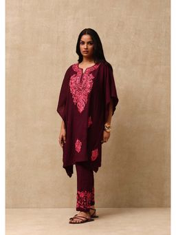 House of Chikankari - Women's Wine Embroidered Kaftan & Pant (Set of 2)