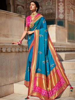 Odette - Blue Silk Blend Saree with Unstitched Blouse