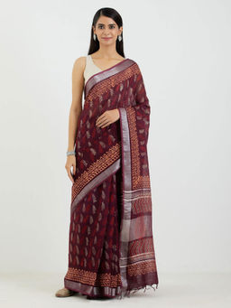 AUJJESSA - Cotton Linen Plum Handcrafted Saree with Unstitched Blouse