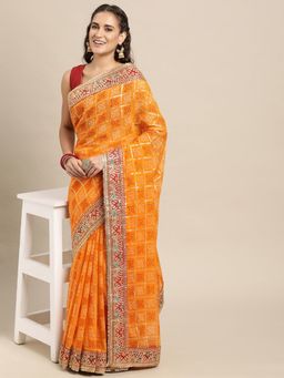 Vastranand - Orange & Red Sequinned Bandhani Saree with Unstitched Blouse
