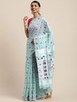 Vastranand - Blue & Pink Woven Design Jamdani Saree with Unstitched Blouse