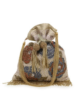 Anekaant - Dangle Beige and Multi Faux Silk Floral Embellished Potli