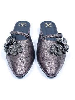 Sana K Luxurious Footwear - Silver Lilly Mules Close Toe Faux Leather Flat Mules