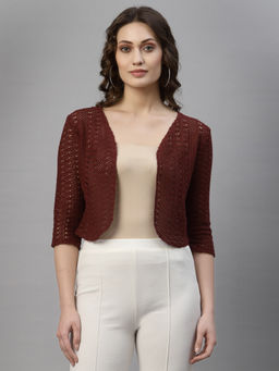 Style Quotient - Women Maroon cotton self design lace crop open front shrug