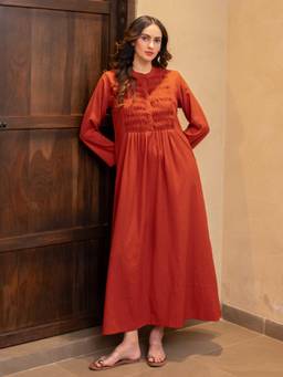 FEATHERS CLOSET - Rust Soft Crepe Pin Tucks Night Maxi Gown