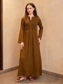 FEATHERS CLOSET - Brown Soft Crepe Pin Tucks Night Maxi Gown